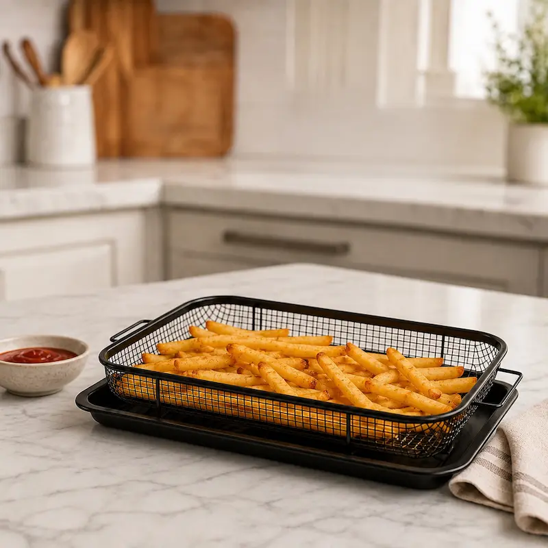 Verotti Rectangular Air Fryer basket filled with crispy fries on a kitchen counter