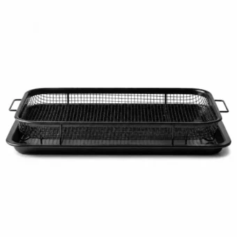 Verotti Rectangular Air Fryer mesh basket and baking sheet, horizontal view, on white background