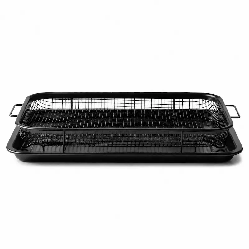 Verotti Rectangular Air Fryer mesh basket and baking sheet, horizontal view, on white background