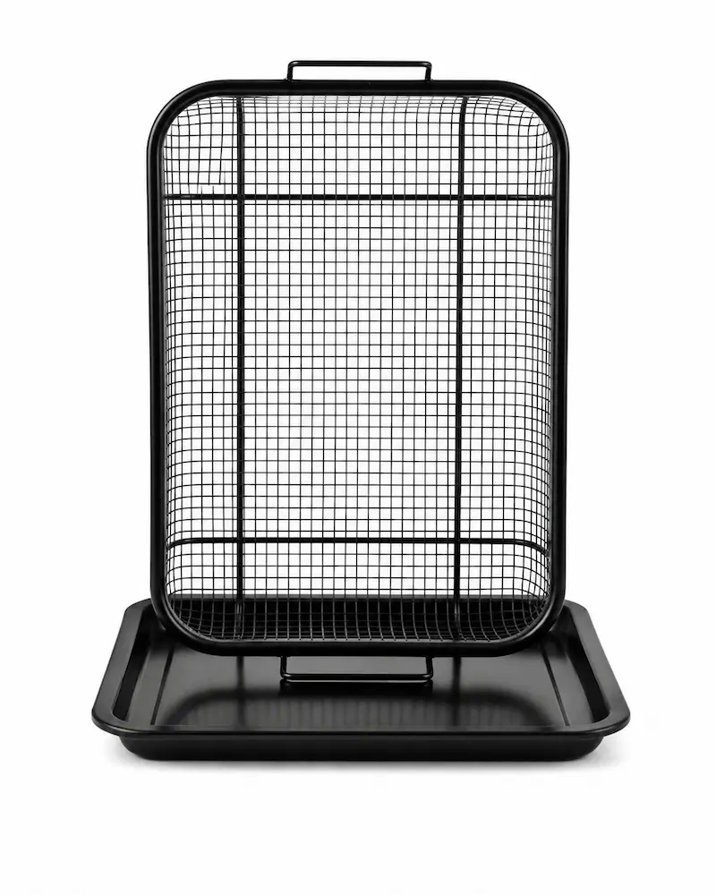Verotti rectangular oven air fryer basket standing upright showing mesh sides and baking sheet