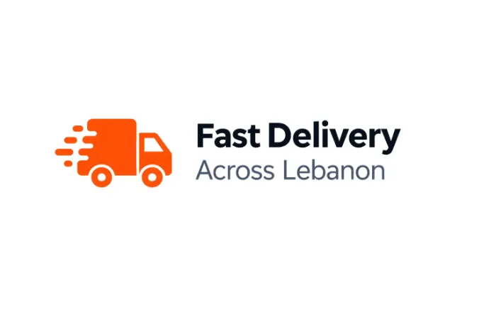 Fast delivery icon - orange delivery truck with motion lines with writings
