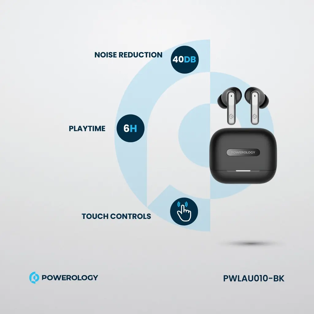 Powerology PWLAU010 earbuds featuring 40dB noise reduction, six-hour playtime, and touch controls