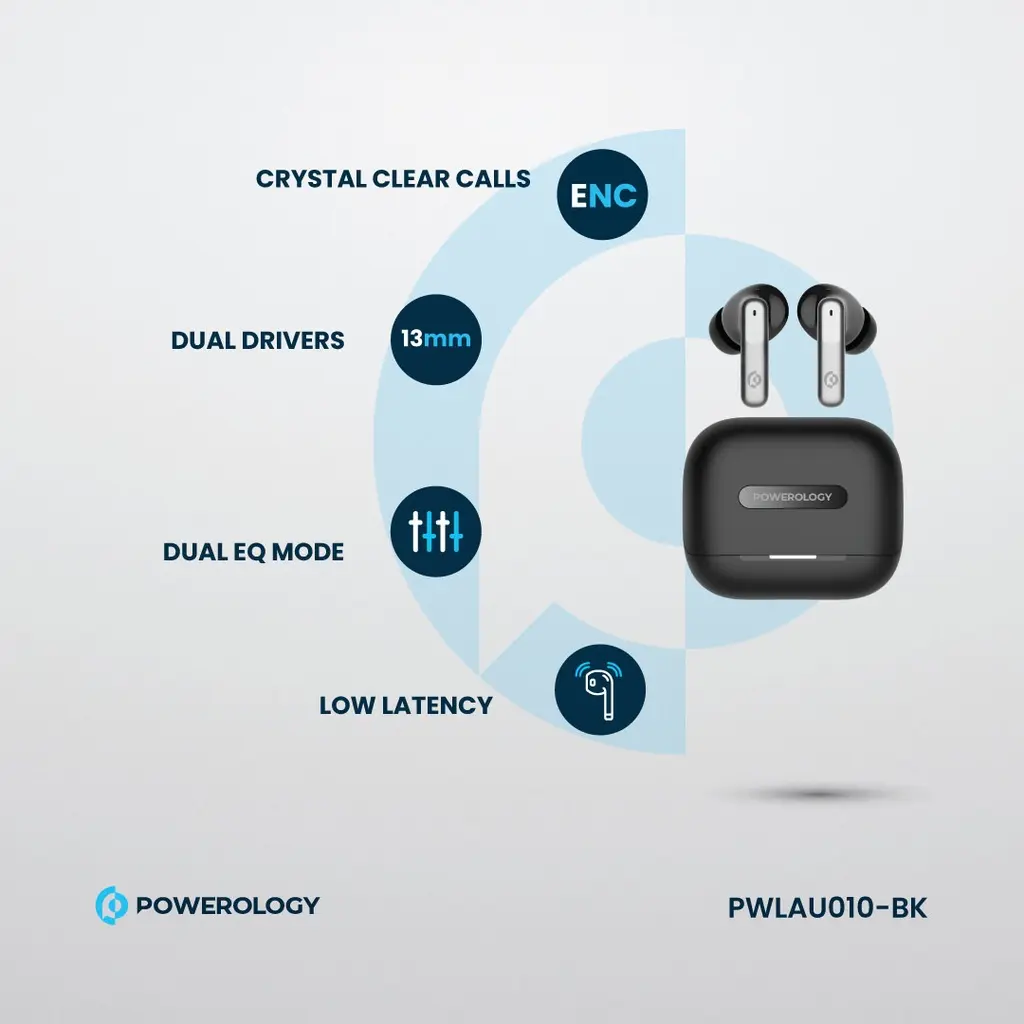 Powerology earbuds featuring ENC calls, 13mm drivers, dual EQ modes, and low-latency audio