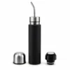 Black yerba mate travel bottle disassembled showing metal straw, stainless cap, and sealed cap