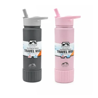 Insulated Travel Mug 720ML shown in gray and pink color options side by side