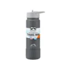 Gray insulated travel mug side view showing keep cold and hot label