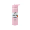 Pink insulated travel mug side view showing keep cold and hot label