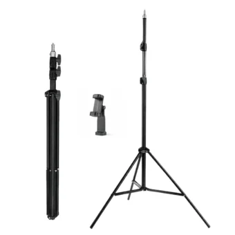 Adjustable Light Stand Tripod folded and extended with included phone holder accessory