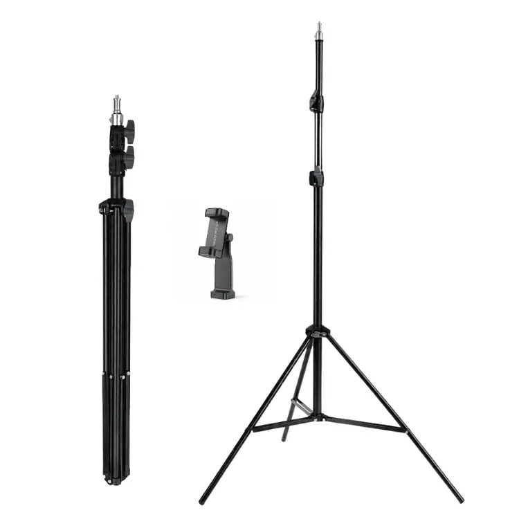 Adjustable Light Stand Tripod folded and extended with included phone holder accessory