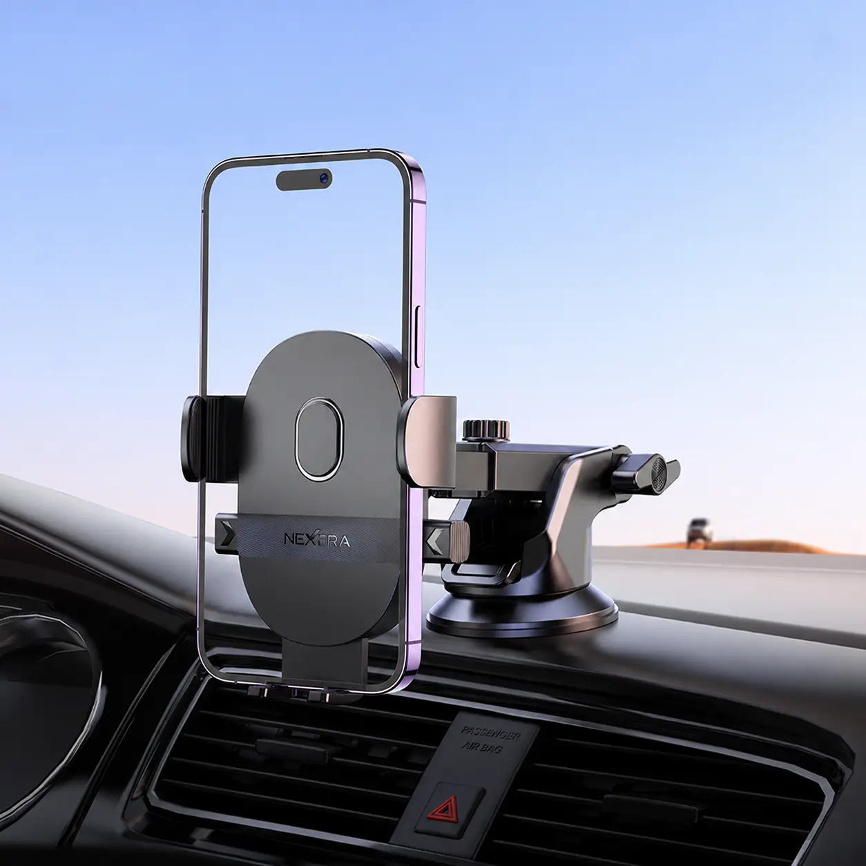 Nexera Car Phone Holder mounted on a car dashboard with smartphone
