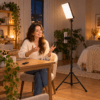 Woman creating content using a Nexera LED fill light and phone holder